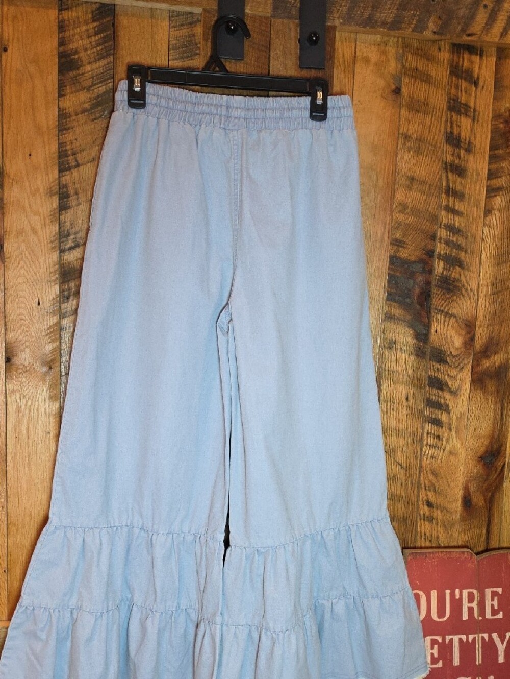 203p Sewn And Seen Tiered Ruffle-Hem Wide Leg Pants in Light Blue - Picture 9 of 12